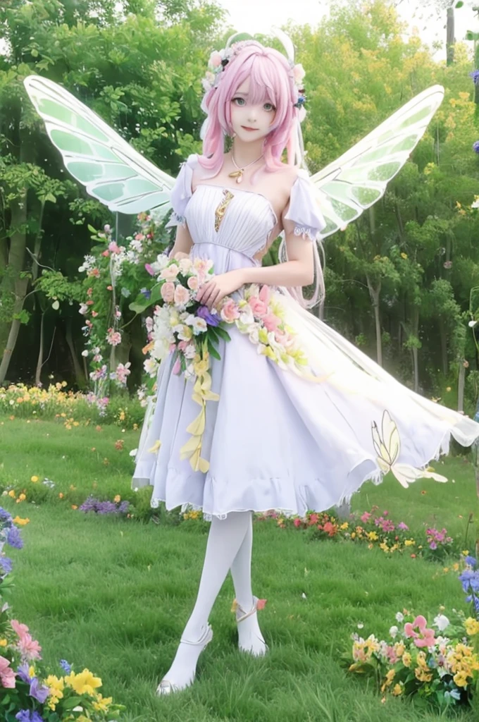 "((Innocent)) girl, golden hour, dreamy meadow, ethereal, whimsical, flowing dress, soft sunlight, enchanting, butterfly wings, (Pastel clouds), liquid reflections super resolution realistic flower crown flower dress flower garden 