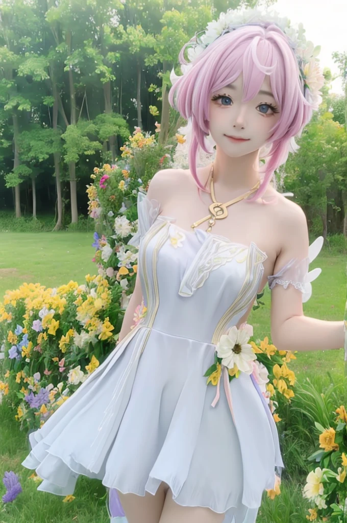 "((Innocent)) girl, golden hour, dreamy meadow, ethereal, whimsical, flowing dress, soft sunlight, enchanting, butterfly wings, (Pastel clouds), liquid reflections super resolution realistic flower crown flower dress flower garden 