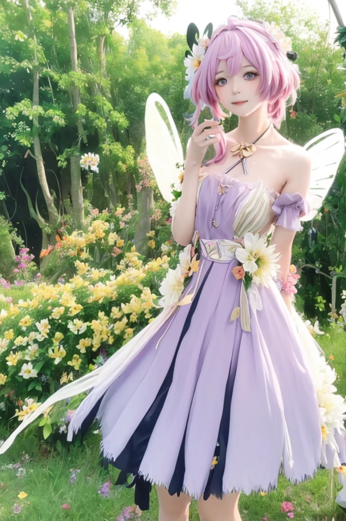 "((Innocent)) girl, golden hour, dreamy meadow, ethereal, whimsical, flowing dress, soft sunlight, enchanting, butterfly wings, (Pastel clouds), liquid reflections super resolution realistic flower crown flower dress flower garden 