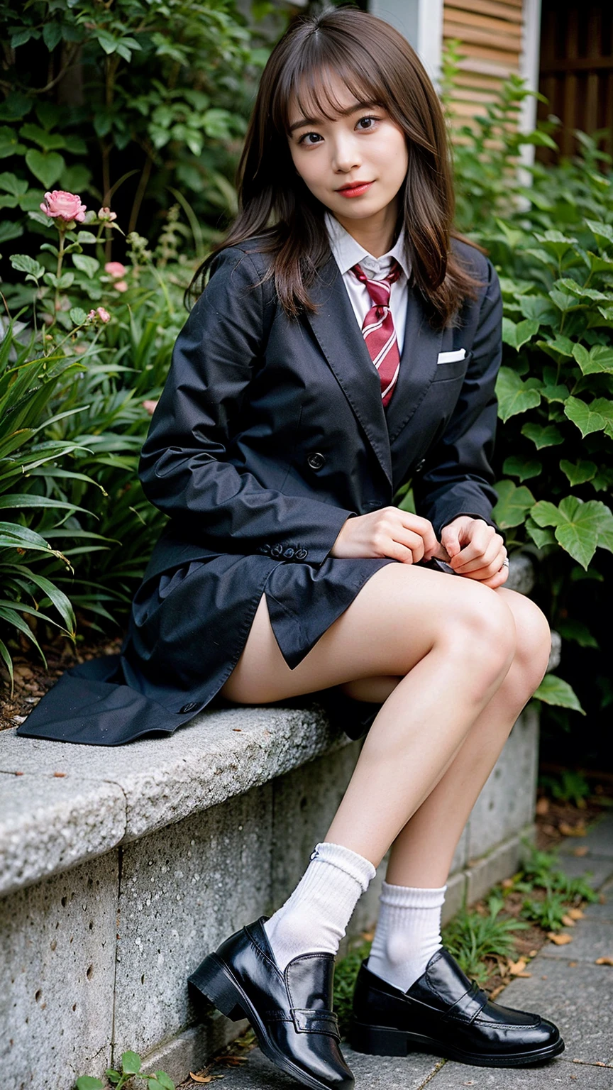 (8K、RAW Photos、Highest quality、masterpiece:1.2)、(Realistic、Realistic)、1 Girl、((blackチェックミニスカート、High school uniform、blazer、Navy Socks、loafers、Medium Hair、black、Thin legs、garden、View from the front、Looking into the camera、Stand with hands on hips))、cute