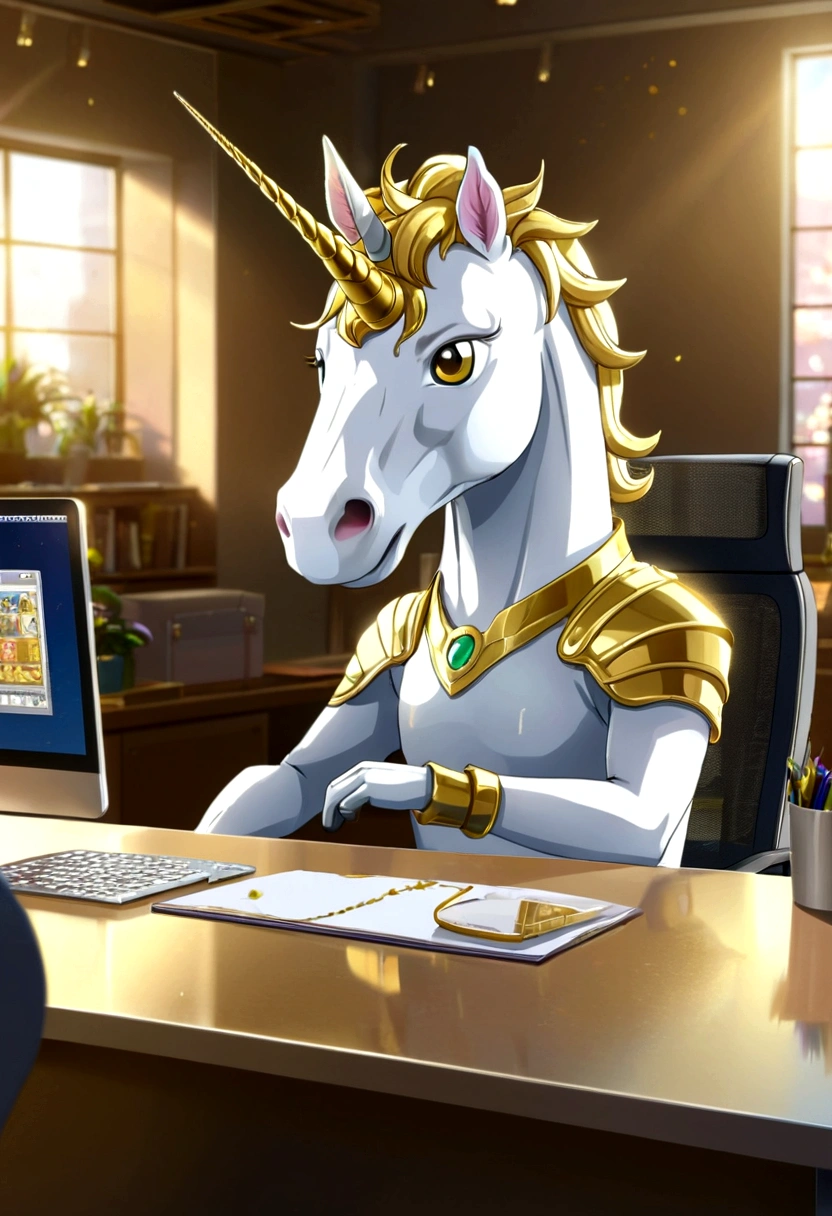 male and professional anime unicorn avatar, this unicorn must reflect innovation, the success, aspirations associated with startups, friendly and charismatic facial expression, large eyes, expressive. gold and silver aspects, sitting at a desk with a room background