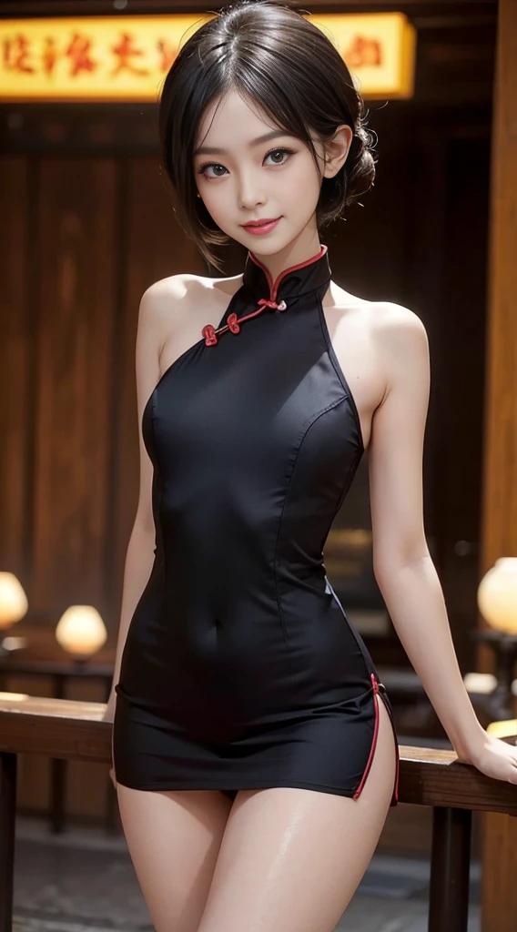 (Not suitable for working hours), 1 Woman, Solitary, 24 years old, 7 heads, (Cute face), (Ideal body proportions), ((Composition from head to thighs)), Chinatown, qipao dress, nipple, Camel toe, Sexy body, wet, Smiling Smile, short hair, Black Hair, , Slim, Small butt, , Thin legs, Surrealism, light, Depth of Field, One person&#39;s point of view, F/1.8, 135 mm, nffsw, On the table, precise, ((Anatomically correct)), Textured Skin, Super Detail, High Detail, high quality, The award-winning, best quality, high resolution, 8K