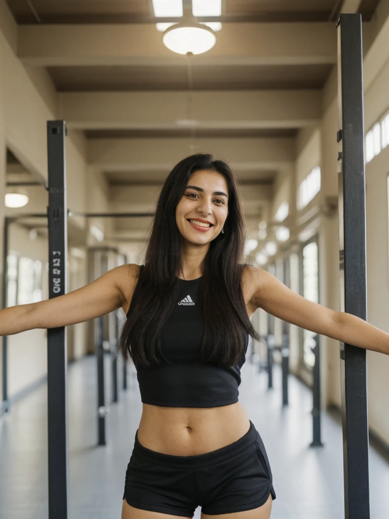 Tzu, black hair, Palestinian woman, ((30-year-old)), (Palestinian skin), (Palestinian eyes), (Palestinian nose), (Palestinian lips), (Palestinian standard face), ordinary Palestinian woman, smiling, hair bobbles, deep eyes, consistent image, ((upper body and upper legs)), wearing a top and shorts wide shot, (((leaning))), (((inside gymnasium indoor)))