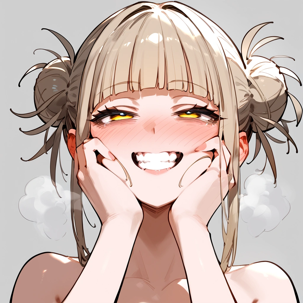 anime artwork, score_9, score_8_up, score_7_up, score_6_up, score_5_up, score_4_up, floox style    //////Himiko toga, big breasts, she is 24 years old, style_3, , , , naked,, yellow eyes, solo, nude,, smile, ,   grey background, simple background , , ,hands on face, AMAZING!, ahegao, , , full-face blush,,  , steam, deep breath, , , steaming body,  face close-up, she get fucked, a little bit below view, rolling eyes, big tits, detailed face,  head up, clenched teeth 