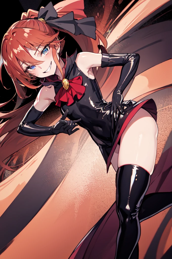 Highest quality, masterpiece, One Girl,Not beautiful, Red Ponytail, Long dress, brooch, Hair Ribbon, - Elbow hand pockets, Black knee socks, Standing on the rubble,  (Wicked Smile:1.1), ,,Dark shadowed face,Sadistic smile,Malice,Contempt,smile,latex,Bad face,,Red Skirt,two hands,two legs,five fingers,evil background,elbow gloves,latex, Wicked Smile, devilish aura (Shiny fabric:1.5),Dark world background,


