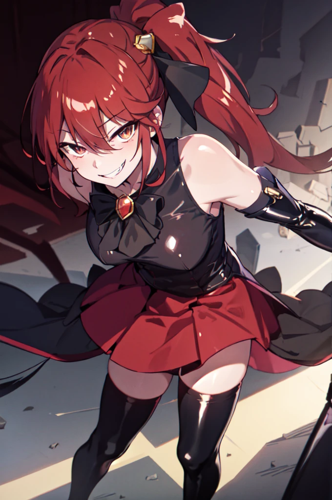 Highest quality, masterpiece, One Girl,Not beautiful, Red Ponytail, Long dress, brooch, Hair Ribbon, - Elbow hand pockets, Black knee socks, Standing on the rubble, (Wicked Smile:1.1), ,,Dark shadowed face,Sadistic smile,Malice,Contempt,smile,latex,Bad face,,Red Skirt,two hands,two legs,five fingers,evil background,elbow gloves,latex, Wicked Smile, devilish aura (Shiny fabric:1.5),Dark world background,