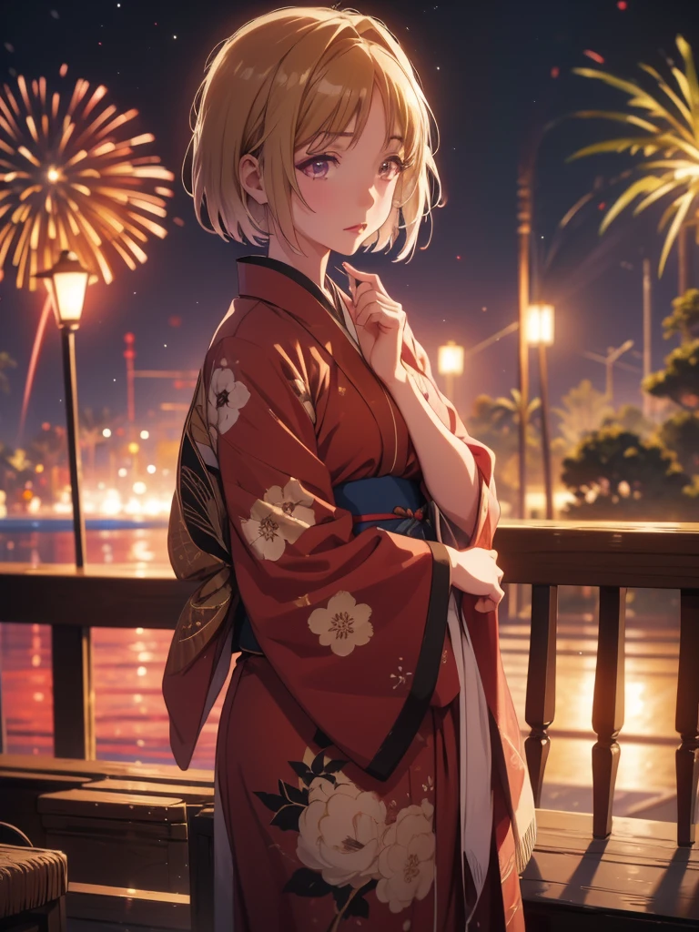 Kushida Kikyou, kimono night in firework , beige hair colour, crimson gradient eyes colour , short hair