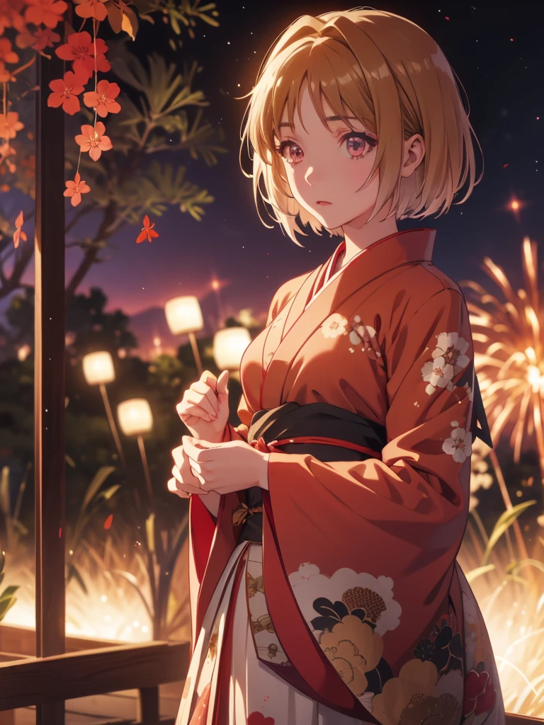 Kushida Kikyou, kimono night in firework , beige hair colour, crimson gradient eyes colour , short hair