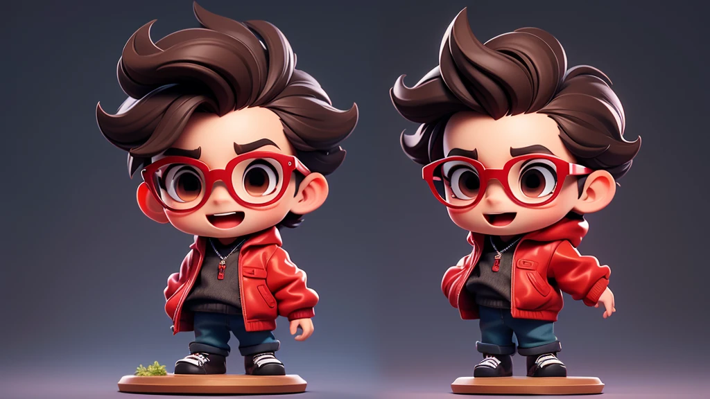Surpise open mouth Boy chibi with Red pullover, dark brown eyes, texture crop style hair, black glasses. Clear Background