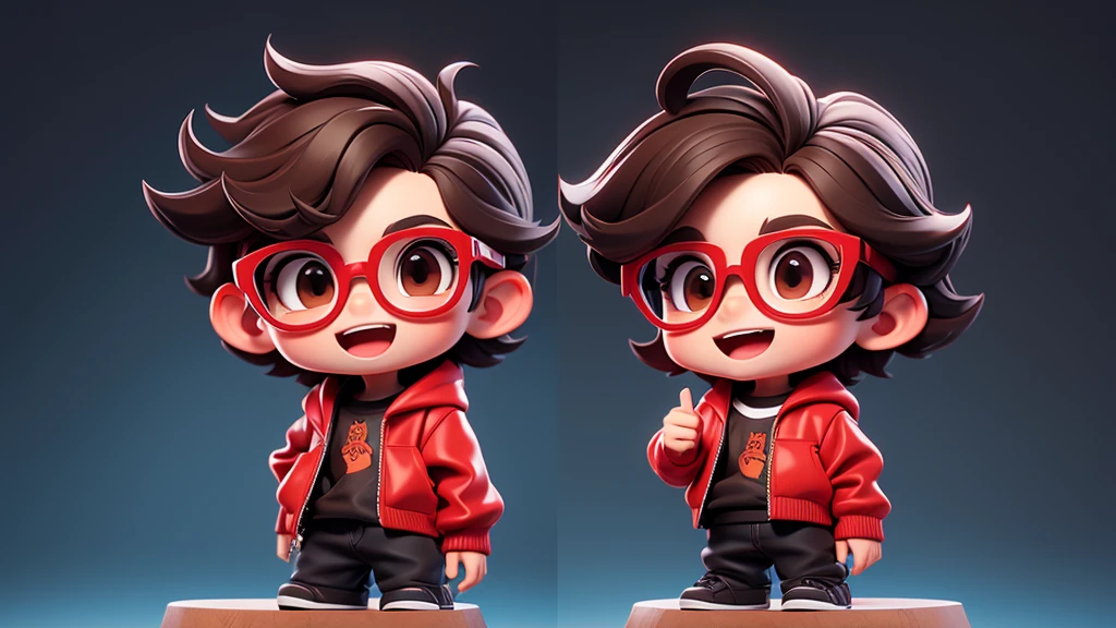 Surpise open mouth Boy chibi with Red pullover, dark brown eyes, texture crop style hair, black glasses. Clear Background