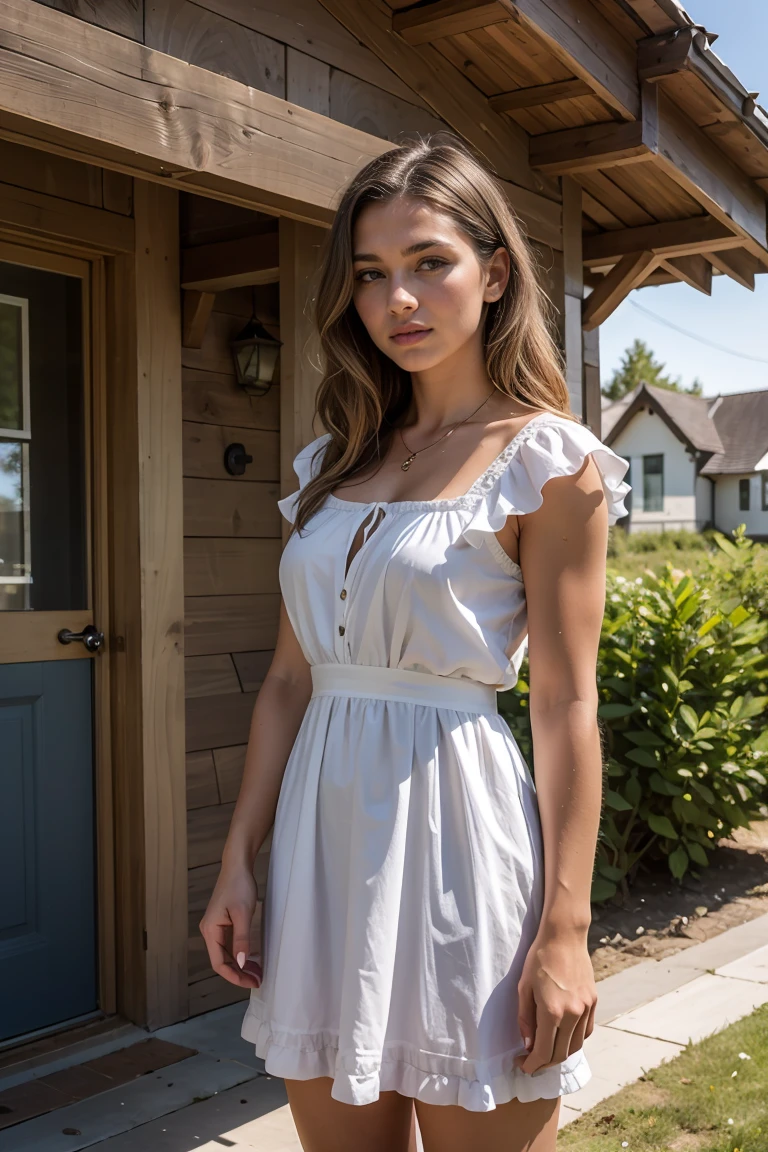 A beautiful woman with light delicately filtering through her hair, her summer dress is beautiful and she's standing in front of a cottage