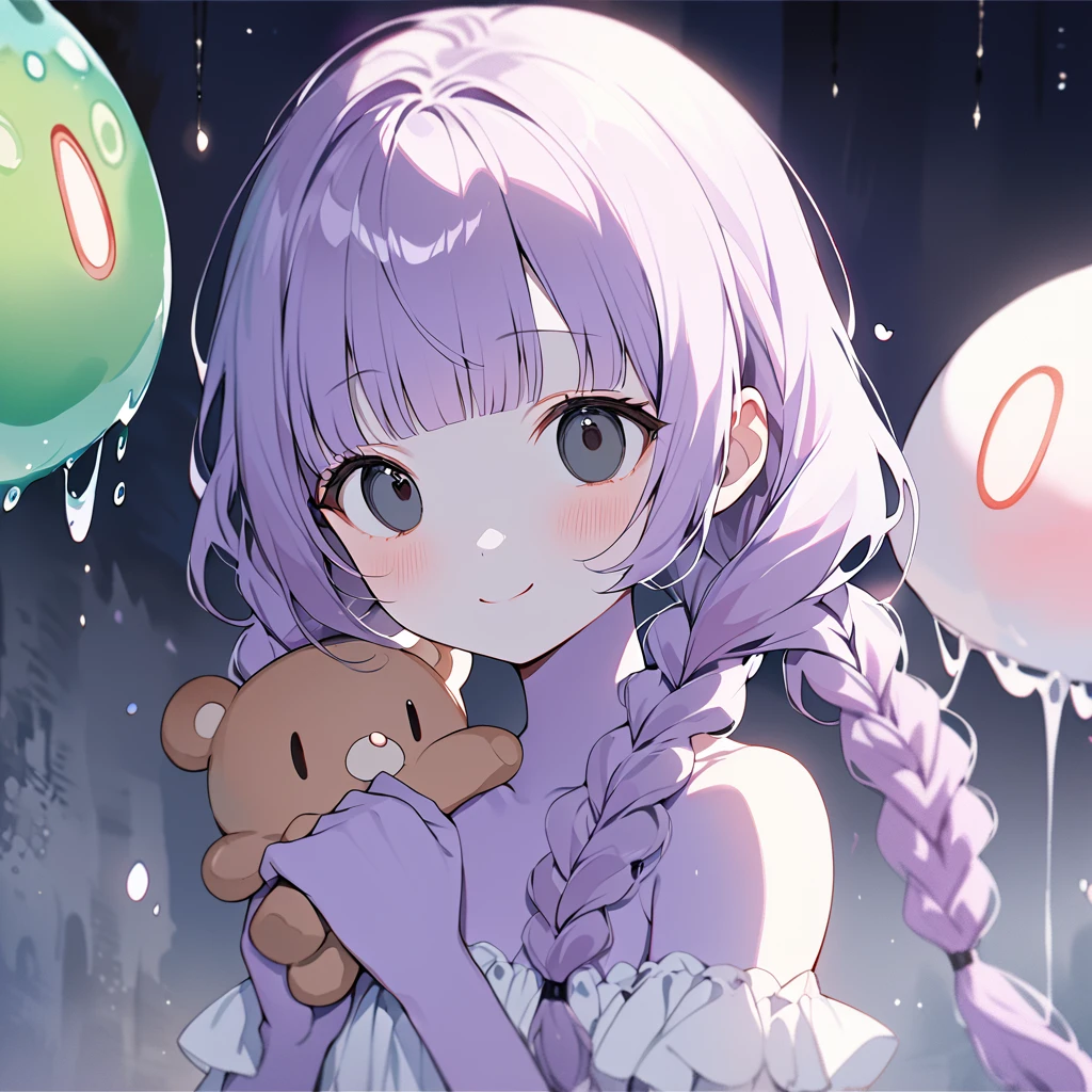 masterpiece, ultra detailed, 8K, full body shot,, a girl, kawaii, light atmosphere, (Cute a Slime girl:1.5), (a girl who turned into a slime, pale purple hair, wavy two braids, blunt bangs hair, green and black eyes empty eyes, purple skin, yandere, portrait:1.4), anime visual, (tilt head:1.3), extremely delicate face, realistic lighting and shading, (an extremely delicate and beautiful art:1.3),Watercolor painting, a girl, Slender girl with small breasts, She's not wearing any clothes, she has a wicked smile on her f,The girl holds a teddy bear close to her chest with both hands.