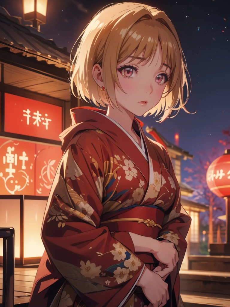 Kushida Kikyou, kimono night in firework , beige hair colour, crimson gradient eyes colour , short hair, evil face 