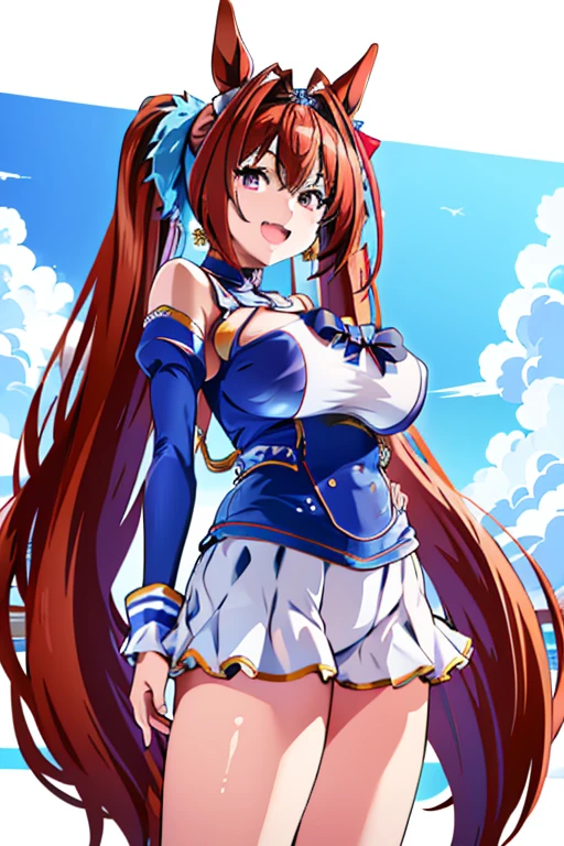(masterpiece),(Highest quality:1.0), (Ultra-high resolution:1.0), Detailed illustrations, 8K, Pretty face, White Background、Big Breasts、Twin tails、long hair、Air intake、Swimwear, Swimwear姿、黒色のSwimwear、bikini、whole body、Animal ears, earrings, Horse tail、Are standing, smile, Open your mouth