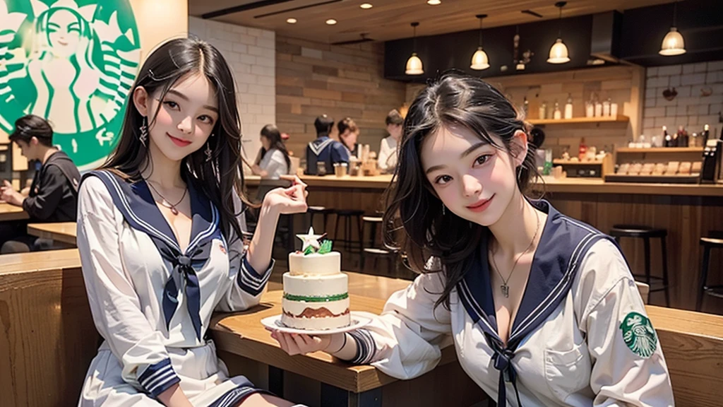8K、RAW Photos、Highest quality、Super detailed、Super Resolution、Ultra HD、8K壁紙、Amazing details
(((Inside the Starbucks store)))、((((16 year old high school girl in sailor suit))))、Eat cake、Drink coffee、smile、Heart Necklace(((Emphasize cleavage)))
(Full body photo)
