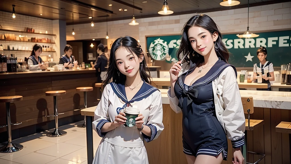 8K、RAW Photos、Highest quality、Super detailed、Super Resolution、Ultra HD、8K壁紙、Amazing details
(((Inside the Starbucks store)))、((((16 year old high school girl in sailor suit))))、Eat cake、Drink coffee、smile、Heart Necklace(((Emphasize cleavage)))
(Full body photo)
