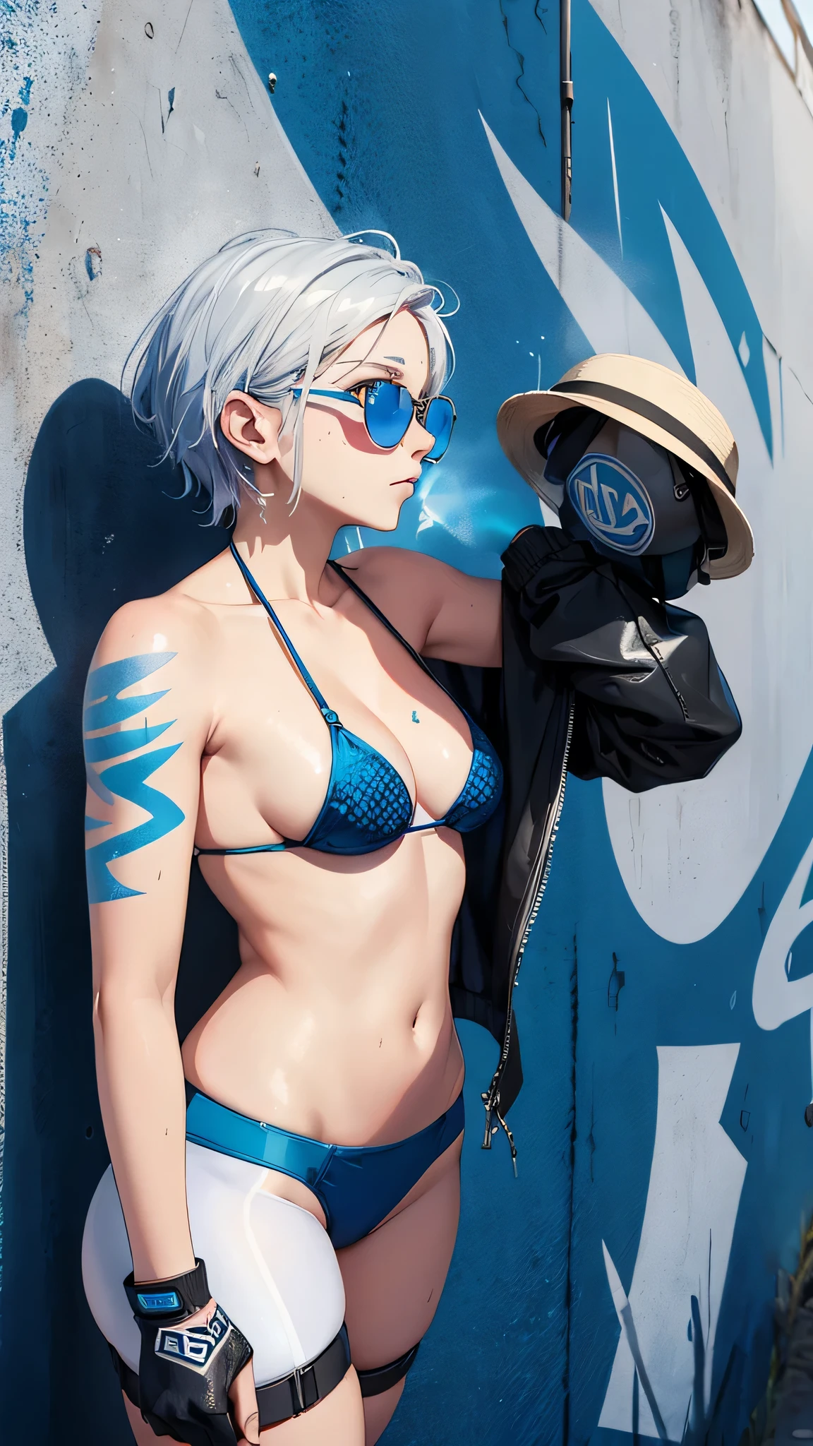 最high quality、Best image quality、masterpiece、With a girl((cute、20-year-old、Best Bust、Medium Bust、Bust 85,Beautiful Blue Eyes、Spread your chest wide,Short silver hair、Slender、The best valley、、Blue Bikini、,Show the whole body、Black perforated gloves,Blue Mesh,Leaning forward greatly、Blue Sports Sunglasses、Blue Intercom,Sweating profusely、Face Paint)）high quality、Beautiful art、background((White wall、graffiti、paint、Spray can)),Tabletop、Exquisite design、Visual Arts、Depth of written boundary、Best lighting、Highest detail、8ｋ