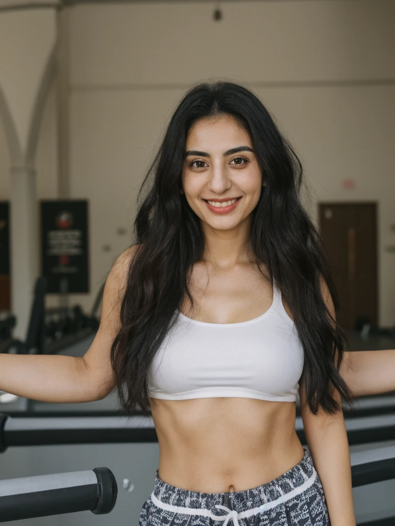 Tzu, black hair, Palestinian woman, ((30-year-old)), (Palestinian skin), (Palestinian eyes), (Palestinian nose), (Palestinian lips), (Palestinian standard face), ordinary Palestinian woman, smiling, hair bobbles, deep eyes, consistent image, ((upper body and upper legs)), wearing a top and shorts wide shot, (((leaning))), (((inside gymnasium indoor)))