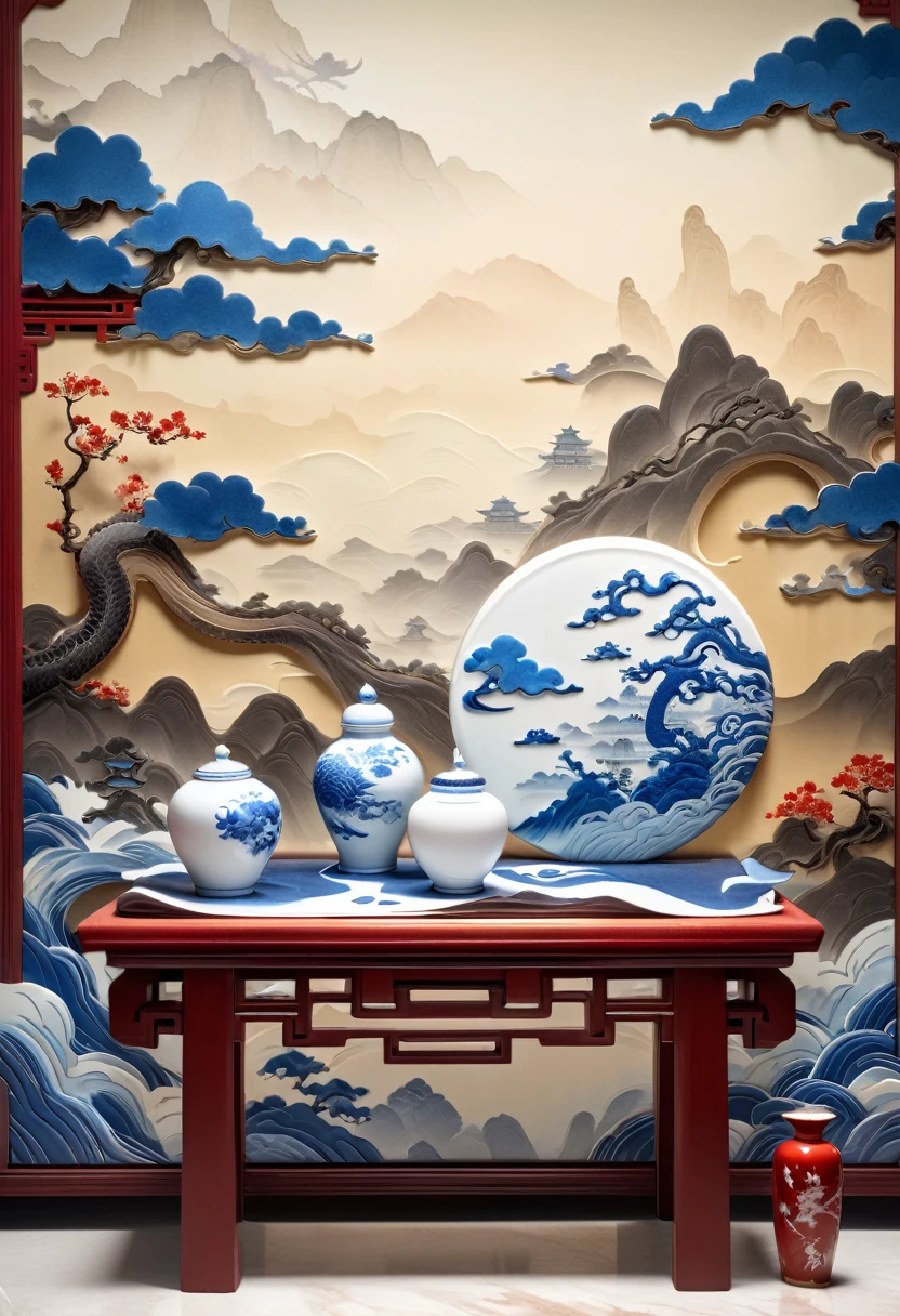 Masterpiece,best quality,highest resolution,(Chinese aesthetics, blue and white porcelain:1.2),red stone surround,splash spray,(Chinese landscape paper carving, Chinese Song Dynasty landscape painting:1.5),(surreal fantasy style),halo,ambient light,haze,natural light,(porcelain texture:1.5),gel resin,oc rendering,still life photography,wallpaper,chinese dragon