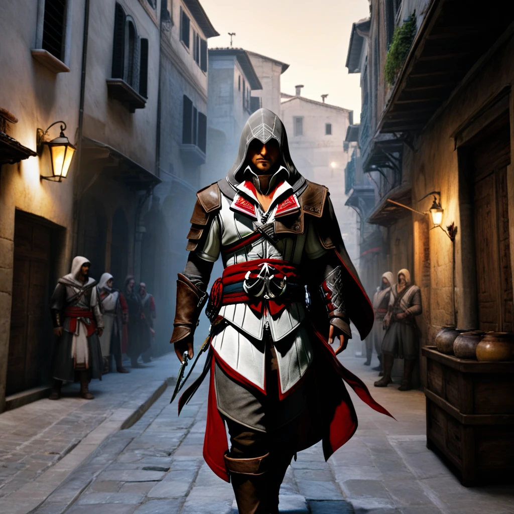 ezio auditore da firenze from assasin's creed, standing heroecally standing and looking at the old city, front view