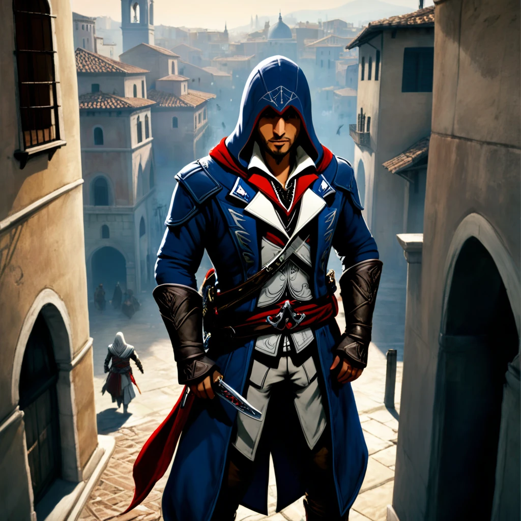 ezio auditore da firenze from asin's creed, standing heroecally standing and looking at the old city, front view