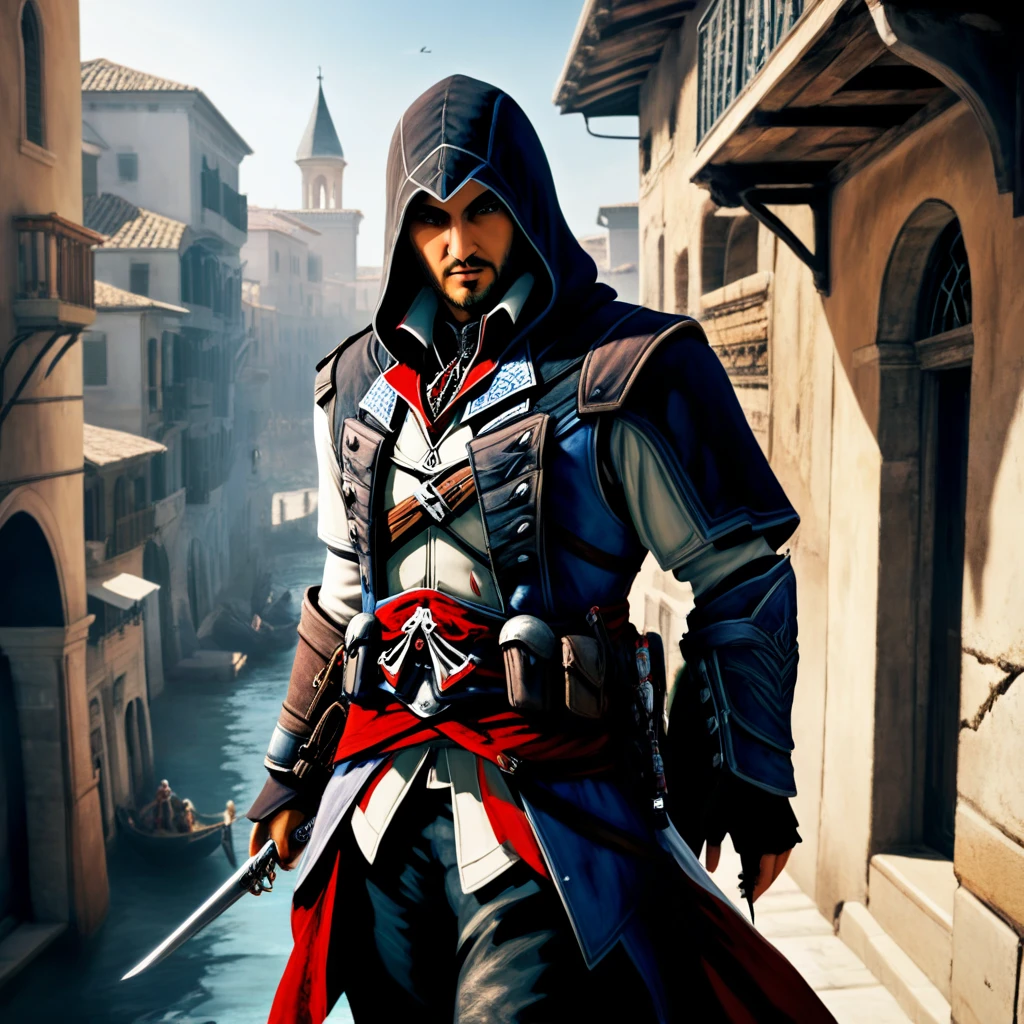 ezio auditore da firenze from assasin's creed, standing heroecally standing and looking at the old city, front view