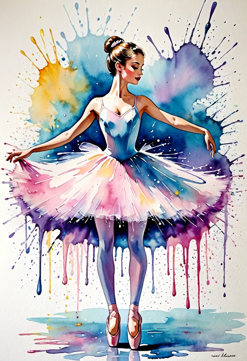 By Jane Newlan, watecolor wet style, alcoholic ink splashes, A ballerina. Old vintage
