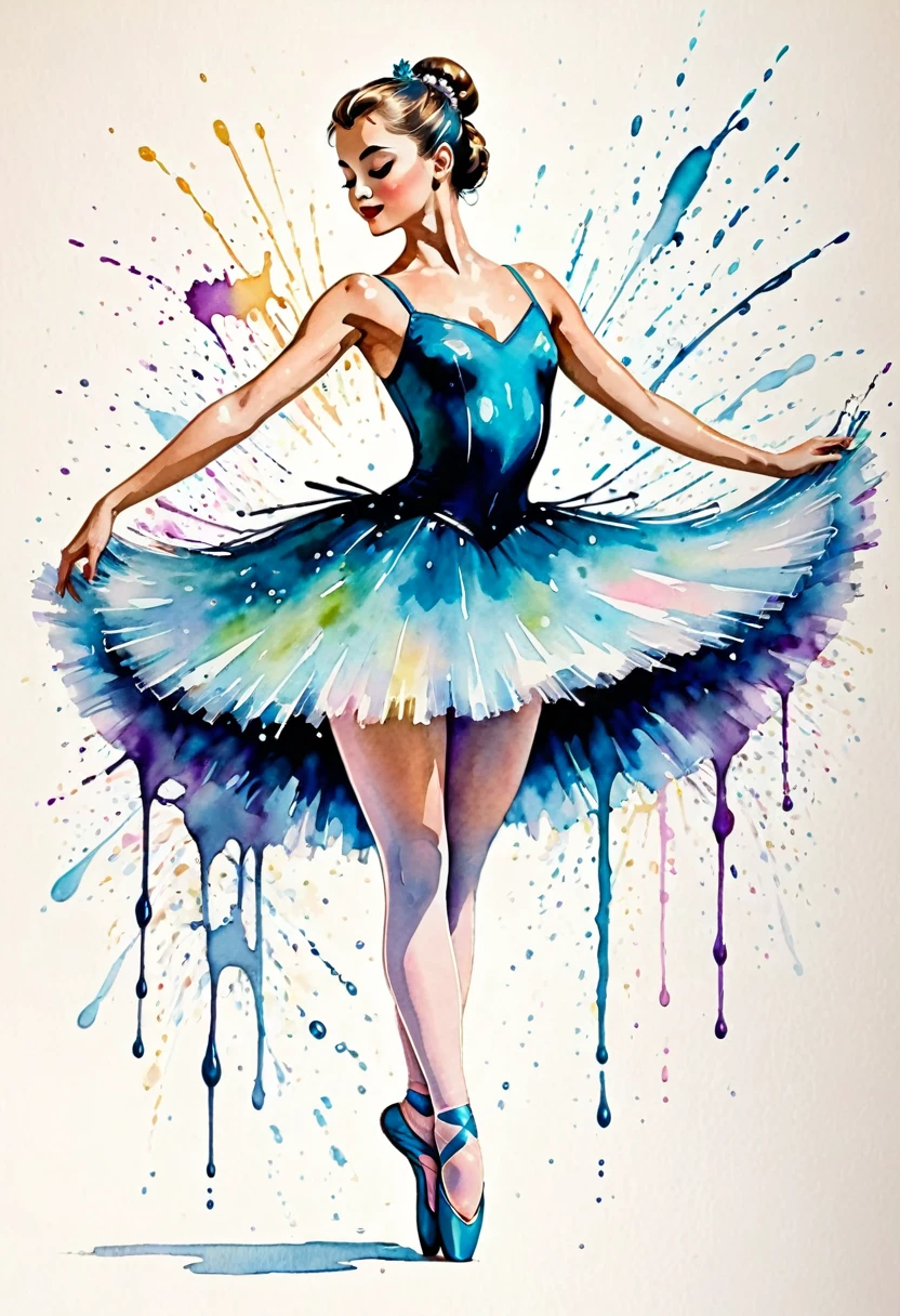 By Jane Newlan, watecolor wet style, alcoholic ink splashes, A ballerina. Old vintage