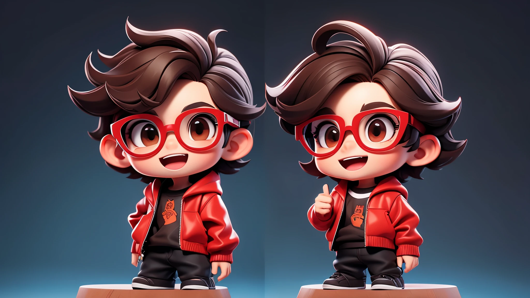 Surpise open mouth Boy chibi with Red pullover, dark brown eyes, texture crop style hair, black glasses. Clear Background