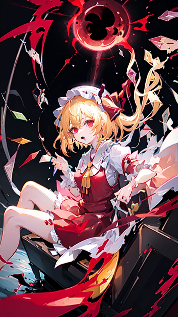 (Best image quality)、1 Girl、Red Moon、lake、blonde、Red eyes、wing、Mob Cap、Gothic Lolita clothes