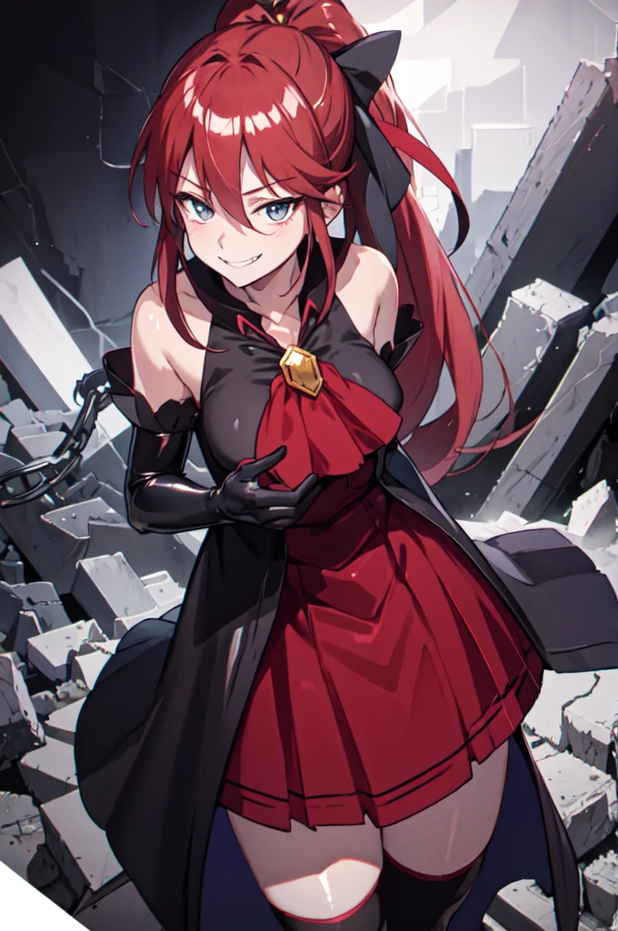 Highest quality, masterpiece, One Girl,Not beautiful, Red Ponytail, Long dress, brooch, Hair Ribbon, - Elbow hand pockets, Black knee socks, Standing on the rubble, (Wicked Smile:1.1), ,,Dark shadowed face,Sadistic smile,Malice,Contempt,smile,latex,Bad face,,Red Skirt,two hands,two legs,five fingers,evil background,elbow gloves,latex, Wicked Smile, devilish aura (Shiny fabric:1.5),Dark world background,