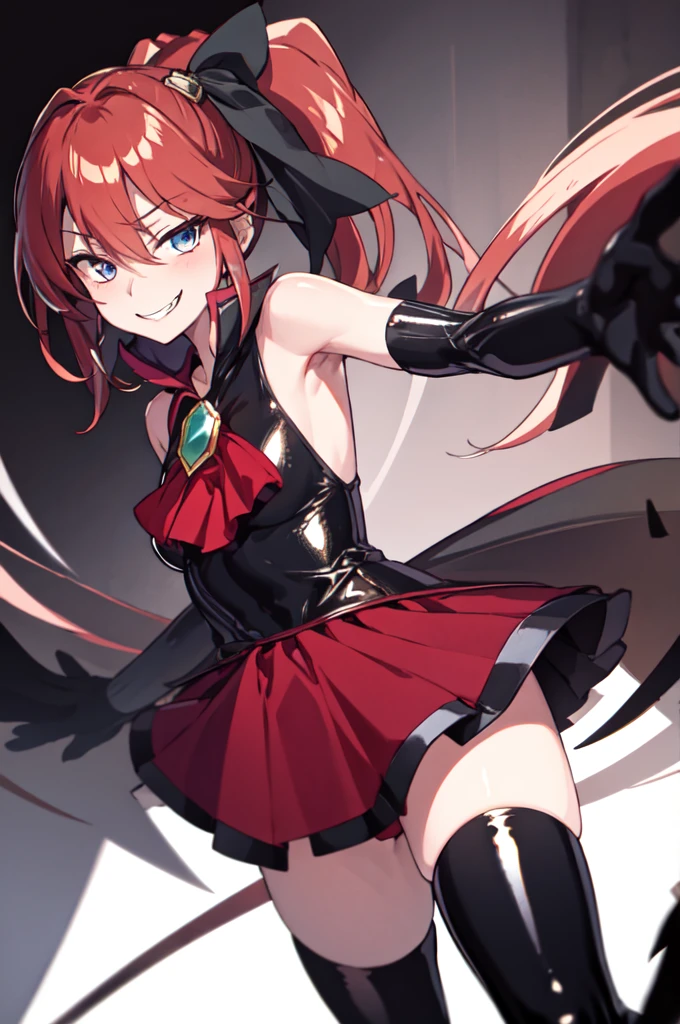 Highest quality, masterpiece, One Girl,Not beautiful, Red Ponytail, Long dress, brooch, Hair Ribbon, - Elbow hand pockets, Black knee socks, Standing on the rubble, (Wicked Smile:1.1), ,,Dark shadowed face,Sadistic smile,Malice,Contempt,smile,latex,Bad face,,Red Skirt,two hands,two legs,five fingers,evil background,elbow gloves,latex, Wicked Smile, devilish aura (Shiny fabric:1.5),Dark world background,