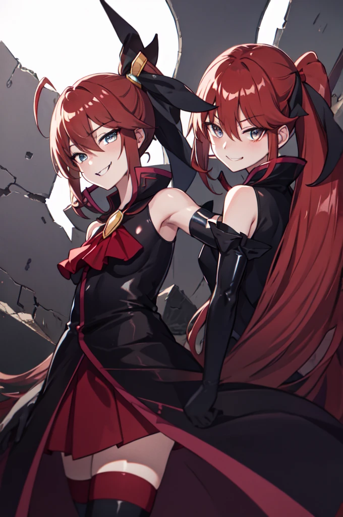 Highest quality, masterpiece, One Girl,Not beautiful, Red Ponytail, Long dress, brooch, Hair Ribbon, - Elbow hand pockets, Black knee socks, Standing on the rubble,  (Wicked Smile:1.1), ,,Dark shadowed face,Sadistic smile,Malice,Contempt,smile,latex,Bad face,,Red Skirt,two hands,two legs,five fingers,evil background,elbow gloves,latex, Wicked Smile, devilish aura (Shiny fabric:1.5),Dark world background,


