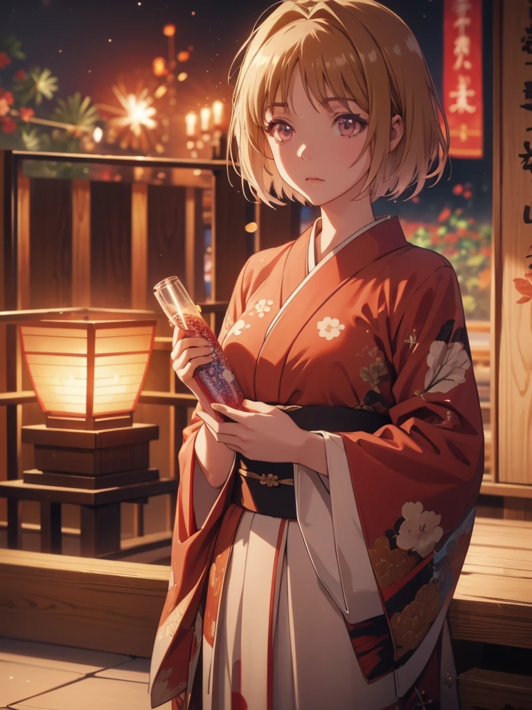 Kushida Kikyou, kimono night in firework , beige hair colour, crimson gradient eyes colour , short hair