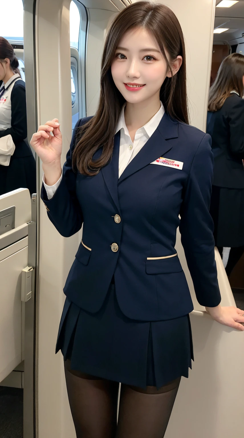​highest quality、table top、8k、best image quality、Award-winning work), two beautiful women、(2 women:1.6), radiant beautiful skin , masterpiece、top-quality、The ultra -The high-definition、depth of fields、lens flare , 2 girls、、brown hair, watching at viewers glares, large breasts , stewardess uniform, ( stewardess blazer:1.3),  shirt, short  skirt, (black high heels), perfect legs, model pose, view from below, smiling , flight cabin, pantyhose 
