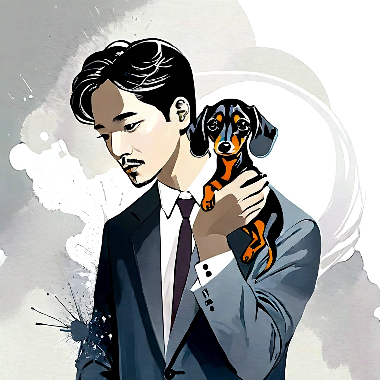 Stylish graffiti-style paint watercolor art, lightly dressed Korean actor playing with a silver dapple miniature dachshund, paint color