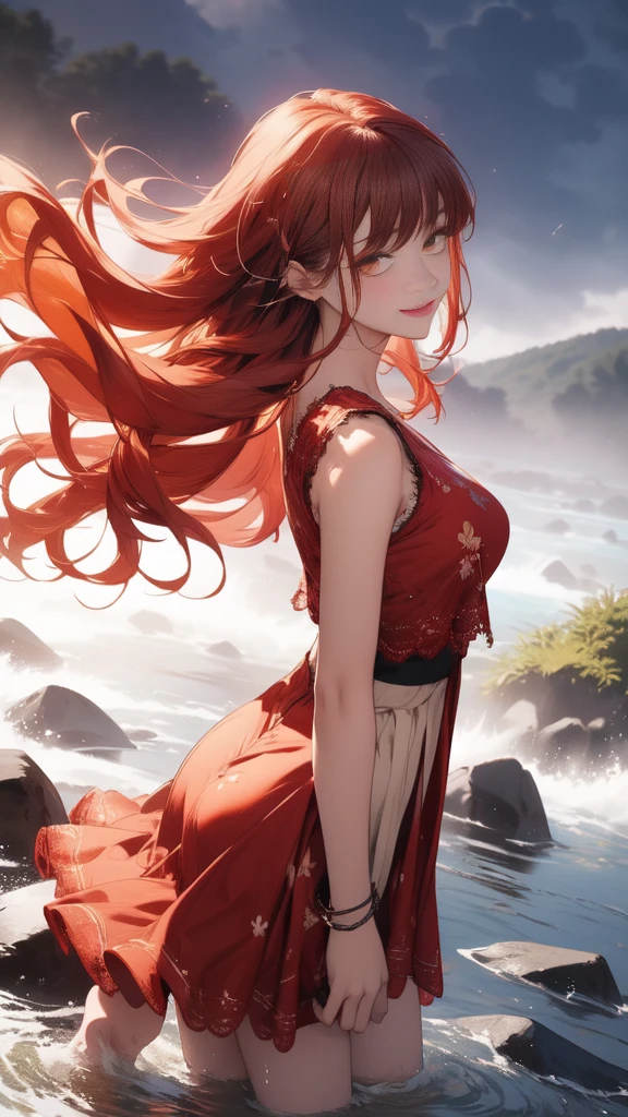 ((masterpiece, Best Quality, high resolution, Perfect Pixel, 8K))), 1 girl、medium thighs、full body seen、 ((Red gorgeous hairs))、(( Beautiful eyelashes、Realistic eyes))、 ((Detailed face, Blushing:1.2))、((Smooth texture:0.75, Realistic texture:0.65, Photorealistic:1.1, Anime CG style))、Seen from front、Dynamic Angle、(Wearing red and white line printed top、gorgeous top、perfect fitting top、perfect skirt、red salong skirt、beautiful dress、Sexy straps、Lace satin、Mini dress、Beautiful pink trees、in a river stream、Looking somewhere for pose、beautiful river stream、beautiful foggy appearance、water waves、 river stream、lightning background、Waterfall、Beautiful feet、beautiful mountains、Beautiful lightening、perfect posing、wind breeze、hands on her hairs waving、wavy hairs、walking forward)、Perfect realistic representation of face、seducing look at viewer、medium breasts、beautiful portrait、very High quality、ultra high definition、 insanely detailed face、ultra high quality、ultra high clarity、best quality)、insanely detailed dress、realistic representation of a face、beautiful curvious body、Beautiful feet、white skin、best image quality、best clarity、 highest resolution、8k resolution、ultra high resolution、beautiful smile、beautiful eyelashes、Gorgeous face、gorgeous representation of a face、perfect body、?????? face、dynamic lightning、shiny skin、bokeh:1.2、Full body shot、professional photograph