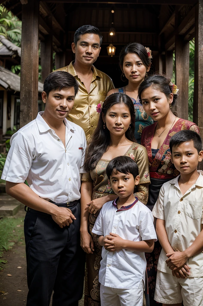 Take a family photo with mother and father and adult sons and daughters wearing traditional Balinese clothing