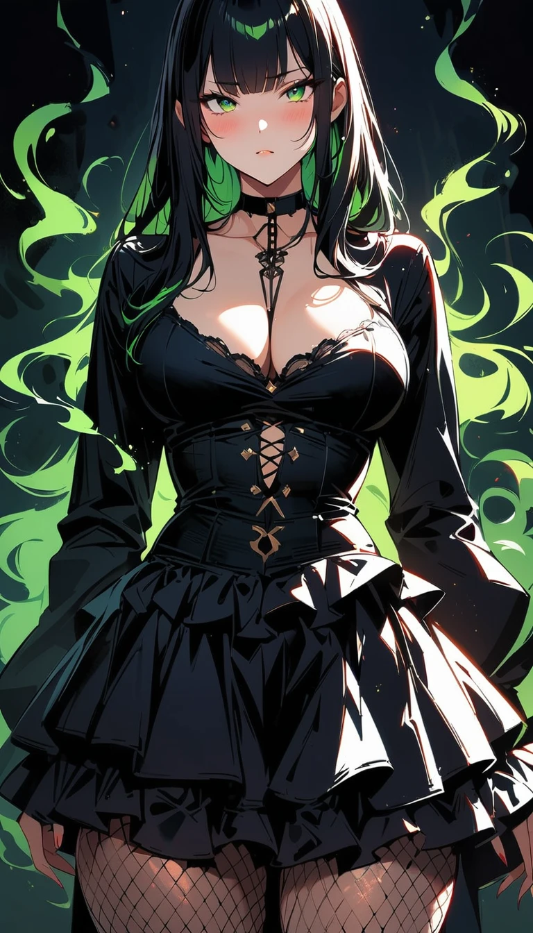 (high quality, 8k, 4K, high contrast, artwork:1.2, high quality, best aesthetics), (dynamic angle), ((1 woman)), erotic, sensual, mature body, super detailed, beautiful face detailed, beautiful eyes detailed, detailed beautiful mouth, sexy body, perfect breats, perfect wide thighs, (short black hair with bangs and green highlights), (green eyes), (penetrating gaze), (serious expression), (blushing), (black top shirt with loose long sleeves), (neckline), (black ruffled skirt), (black fishnet tights), (standing), (centered), (looking at viewer), (black background with green smoke)