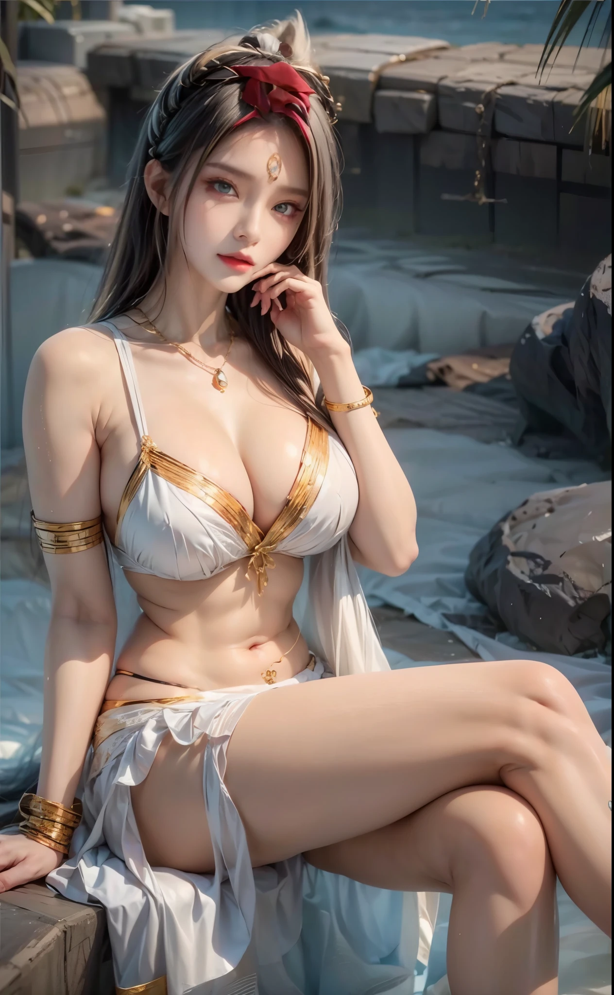 realistic, 1 women, best quality, 12k, HD, long hair, big round breasts, cleavage, ponytail, necklace, jewelry, shorts, short jacket, slim hips, hair tie, yellow eyes, black hair, super detailed, Eye details, hair details, person details, mouth details, face details, breast details, clothes details, hair details, pants details, hand details, whole body