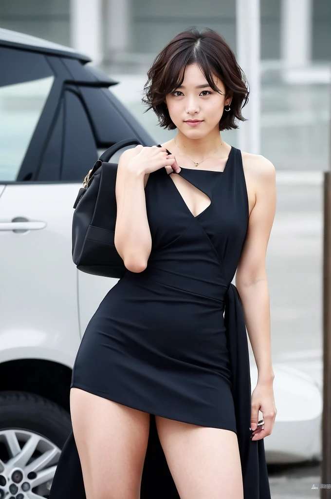 You are a professional photographer。 , short hair blown by the wind. She has a faint smile , Perfect Eyes, Perfect hands, Perfect body, Perfect Hair, Accurate身体, masterpiece, Accurate, Anatomically correct, Rough skin, Very detailed, Advanced Details, high quality, 最high quality, High resolution, 16K, 8K, Looking into the camera,Bold mini dress、Thighs