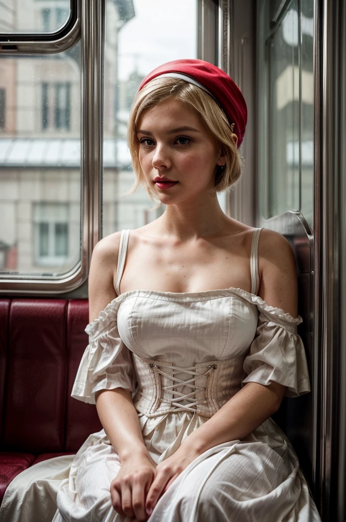 A young woman with cherry red lips and a small, delicate nose. She is well-groomed, with blonde hair, and elegantly dressed in a traditional long white gown with full sleeves and a tight corset, creating an hourglass silhouette. She wears a white cap that adds a touch of vintage charm and is carrying an umbrella. She is sitting in a train and staring out of the window, her expression thoughtful and reflective. Her appearance closely resembles Millie Bobby Brown, with a youthful charm and poised elegance. The image should be highly realistic and rendered in ultra HD.