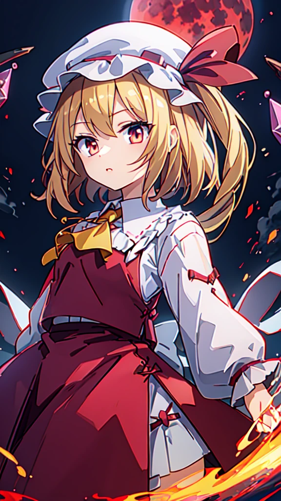 (Best image quality)、1 Girl、Red Moon、lake、blonde、Red eyes、wing、Mob Cap、Gothic Lolita clothes