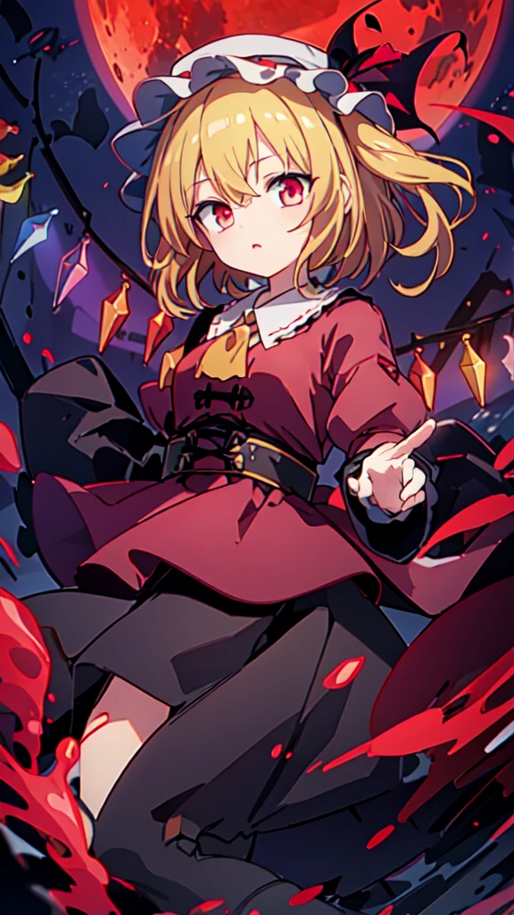 (Best image quality)、1 Girl、Red Moon、lake、blonde、Red eyes、wing、Mob Cap、Gothic Lolita clothes