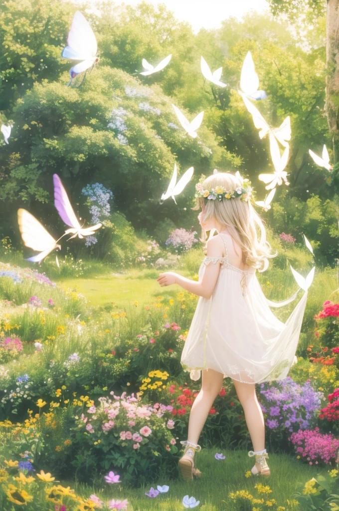 "((Innocent)) girl, golden hour, dreamy meadow, ethereal, whimsical, flowing dress, soft sunlight, enchanting, butterfly wings, (Pastel clouds), liquid reflections super resolution realistic flower crown flower dress flower garden