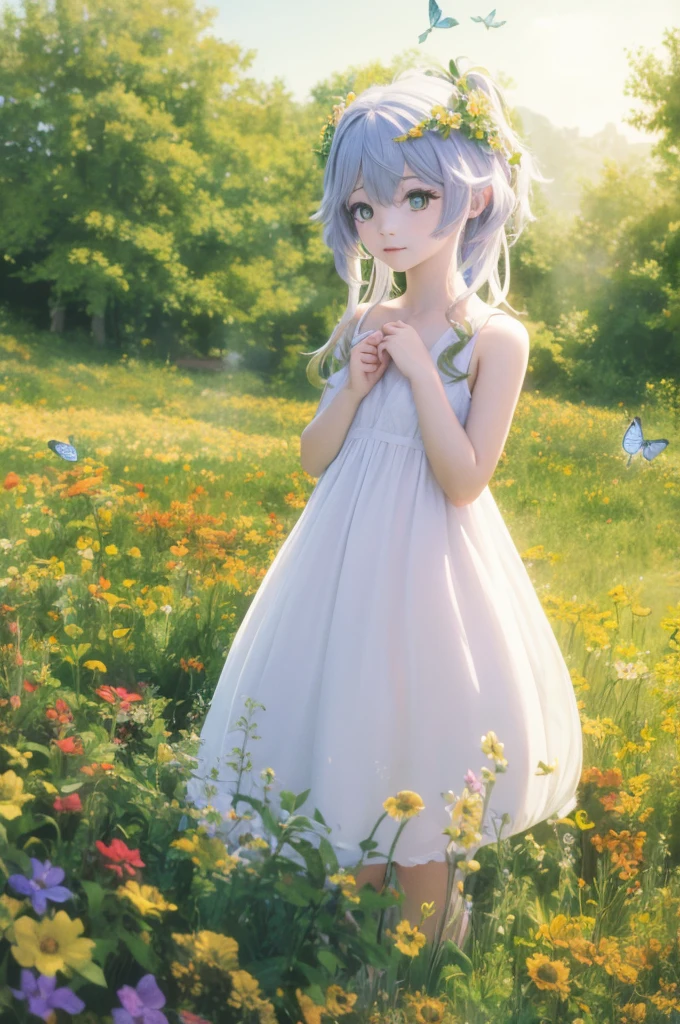 "((Innocent)) girl, golden hour, dreamy meadow, ethereal, whimsical, flowing dress, soft sunlight, enchanting, butterfly wings, (Pastel clouds), liquid reflections super resolution realistic flower crown flower dress flower garden 