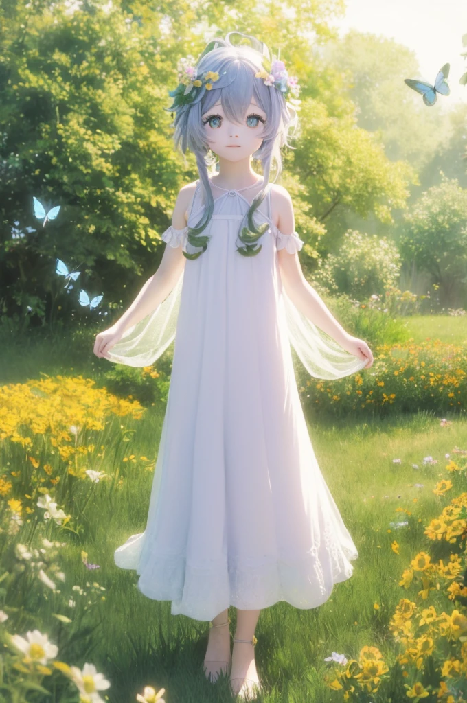 "((Innocent)) girl, golden hour, dreamy meadow, ethereal, whimsical, flowing dress, soft sunlight, enchanting, butterfly wings, (Pastel clouds), liquid reflections super resolution realistic flower crown flower dress flower garden