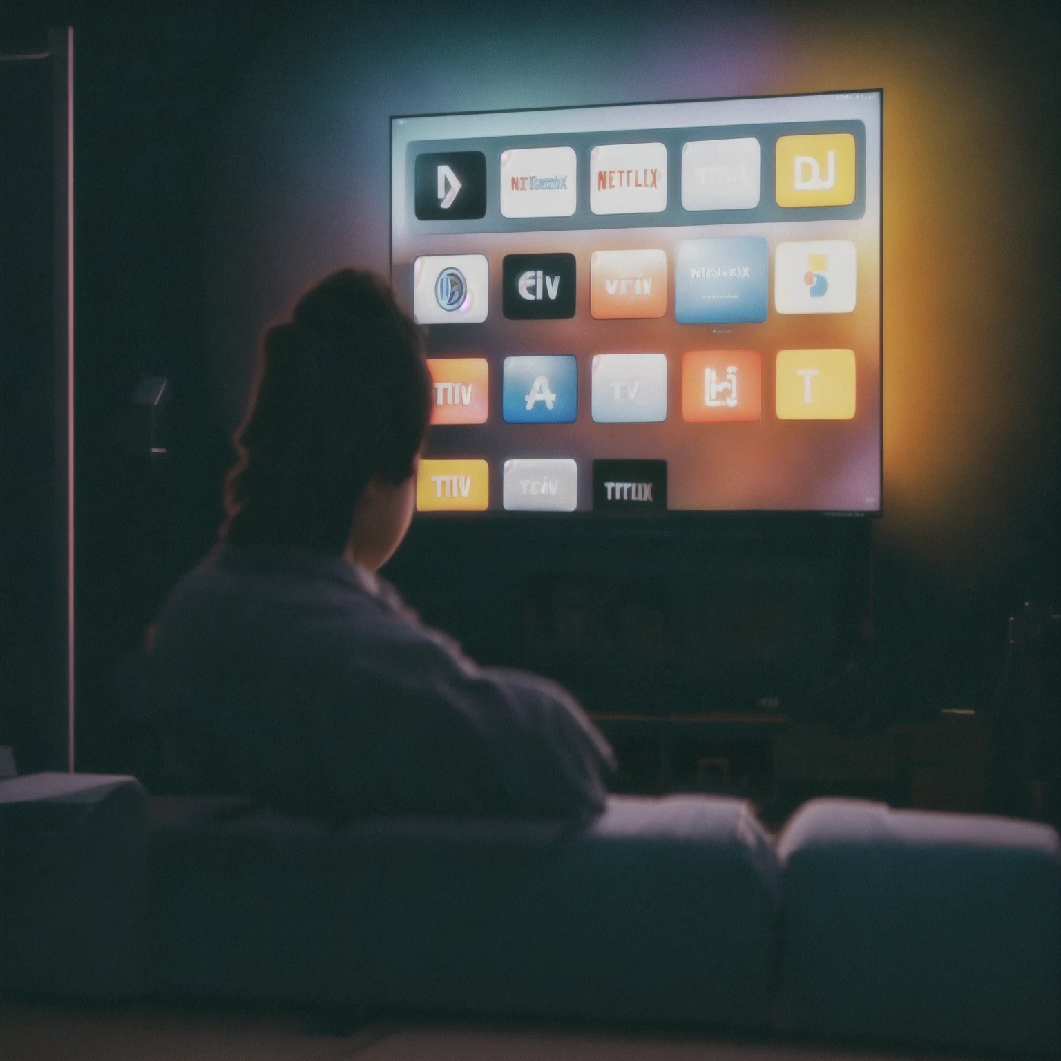 someone is watching a TV program on a big screen in the dark, everything fits on the screen, TV screen, Watching television, TV screen in background, netflix trese, TV program, TELEVISIONS, subtle, soft cinematic colors, 4k TV still, cinema screen photo, pexels, nostalgic 8k, big glowing netflix logo behind, top quality picture