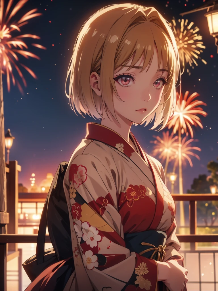 Kushida Kikyou, kimono night in firework , beige hair colour, crimson gradient eyes colour , short hair, evil face 