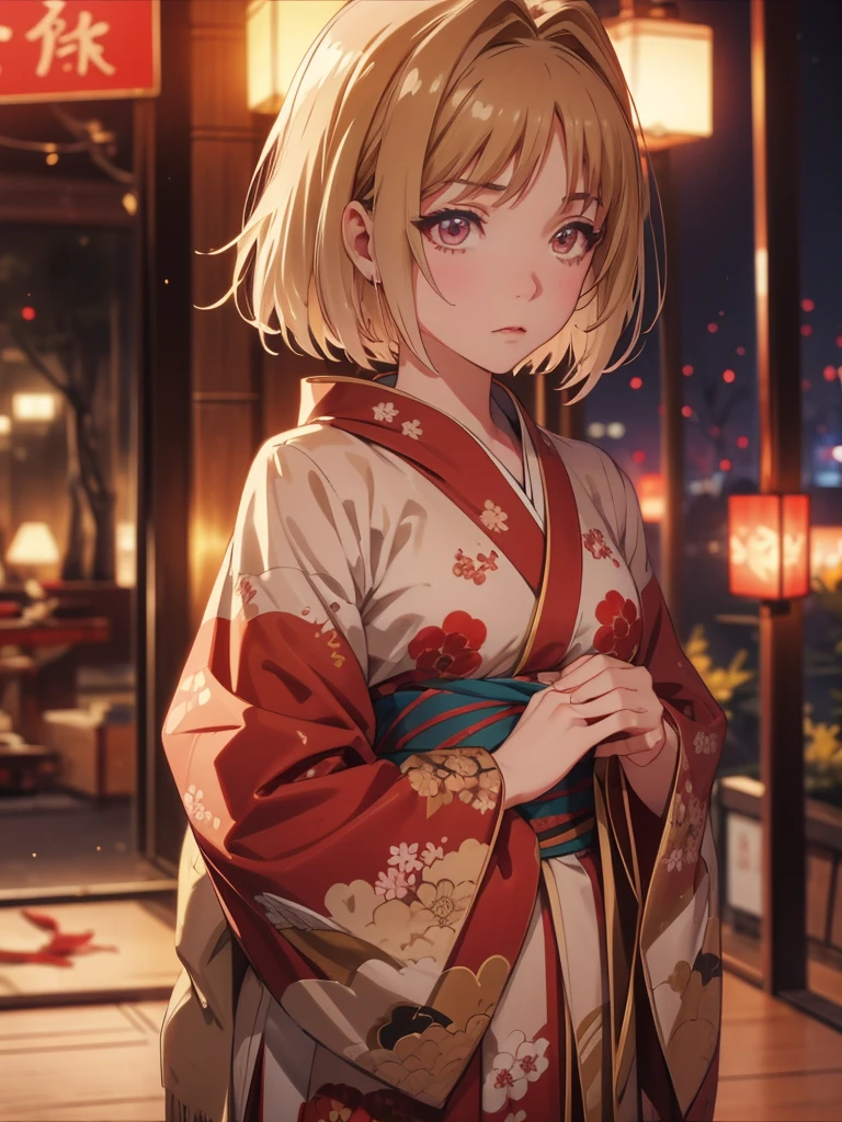 Kushida Kikyou, kimono night in firework , beige hair colour, crimson gradient eyes colour , short hair, evil face 